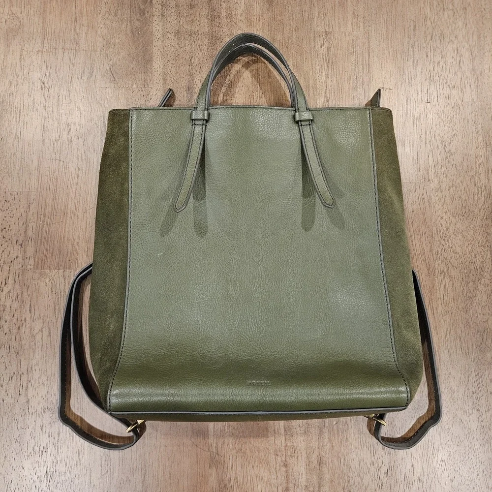 Fossil Leather Convertible Backpack Purse Tote Olive Green Suede Sides